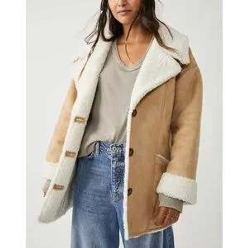 Free People Diogo Sherpa Lined Suede Jacket Tan Oversized Womens XL